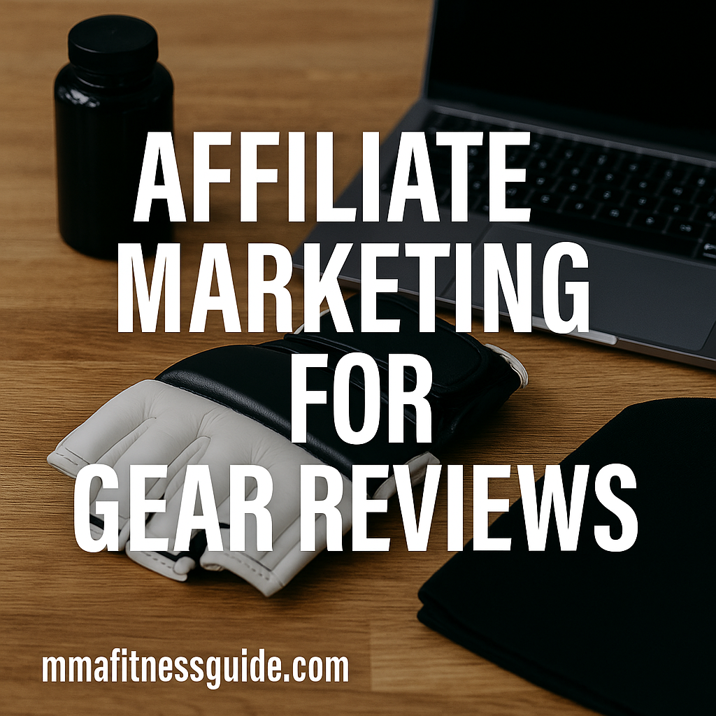 MMA gloves, a laptop, and a supplement bottle arranged on a wooden desk, representing the process of creating affiliate-based gear reviews.