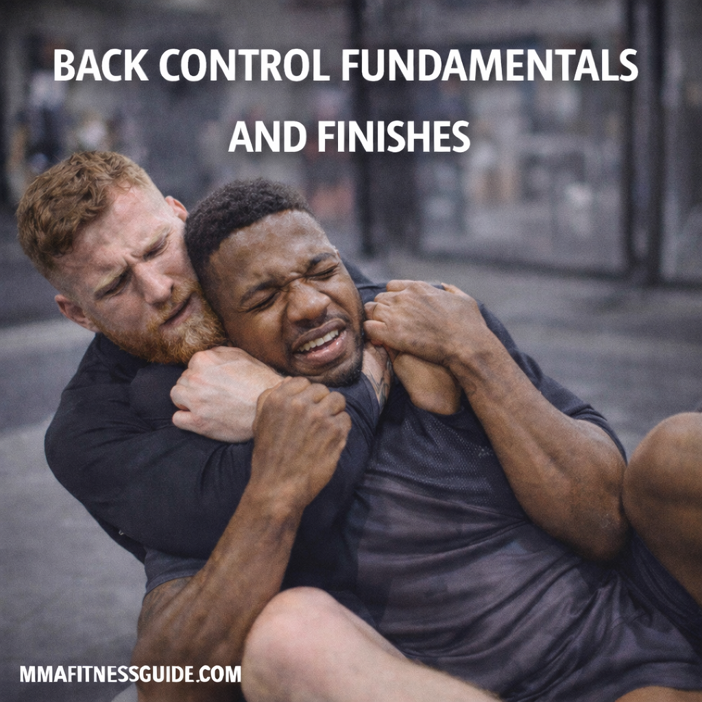 Two MMA fighters training back control techniques in a gym, demonstrating rear control positioning and submission fundamentals.