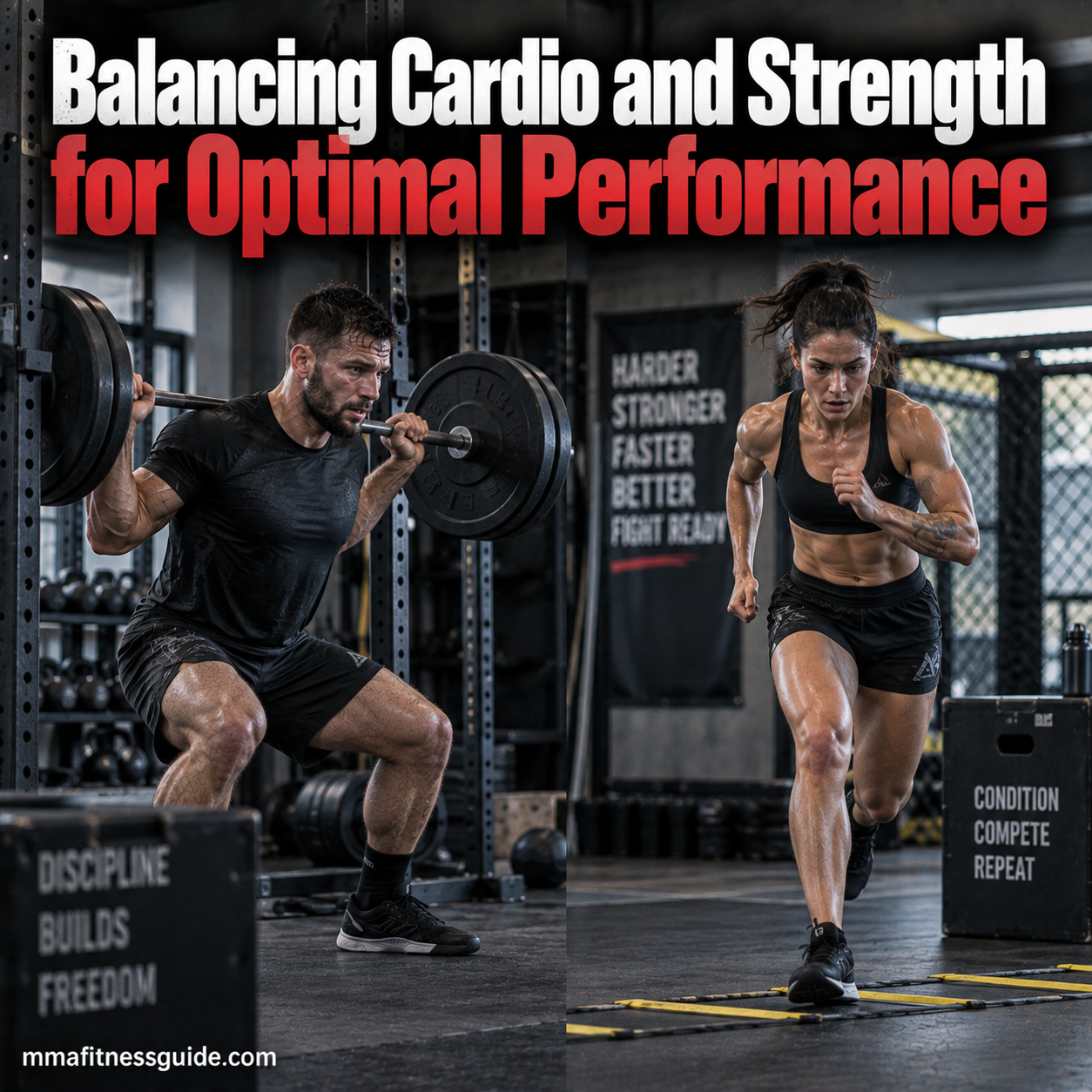 MMA athletes balancing strength and cardio training with barbell squats and conditioning drills in a combat sports gym