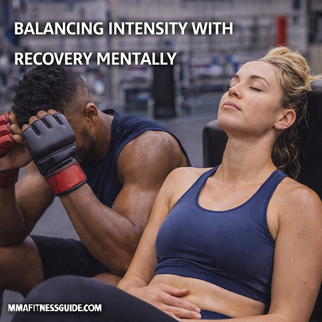 MMA athletes resting after training in a gym, illustrating the balance between mental intensity and recovery for long-term performance.