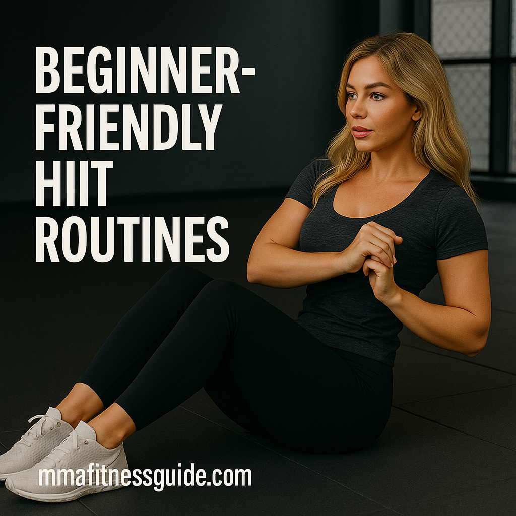 A woman performing a seated core exercise in a gym setting, illustrating a beginner-friendly HIIT workout.