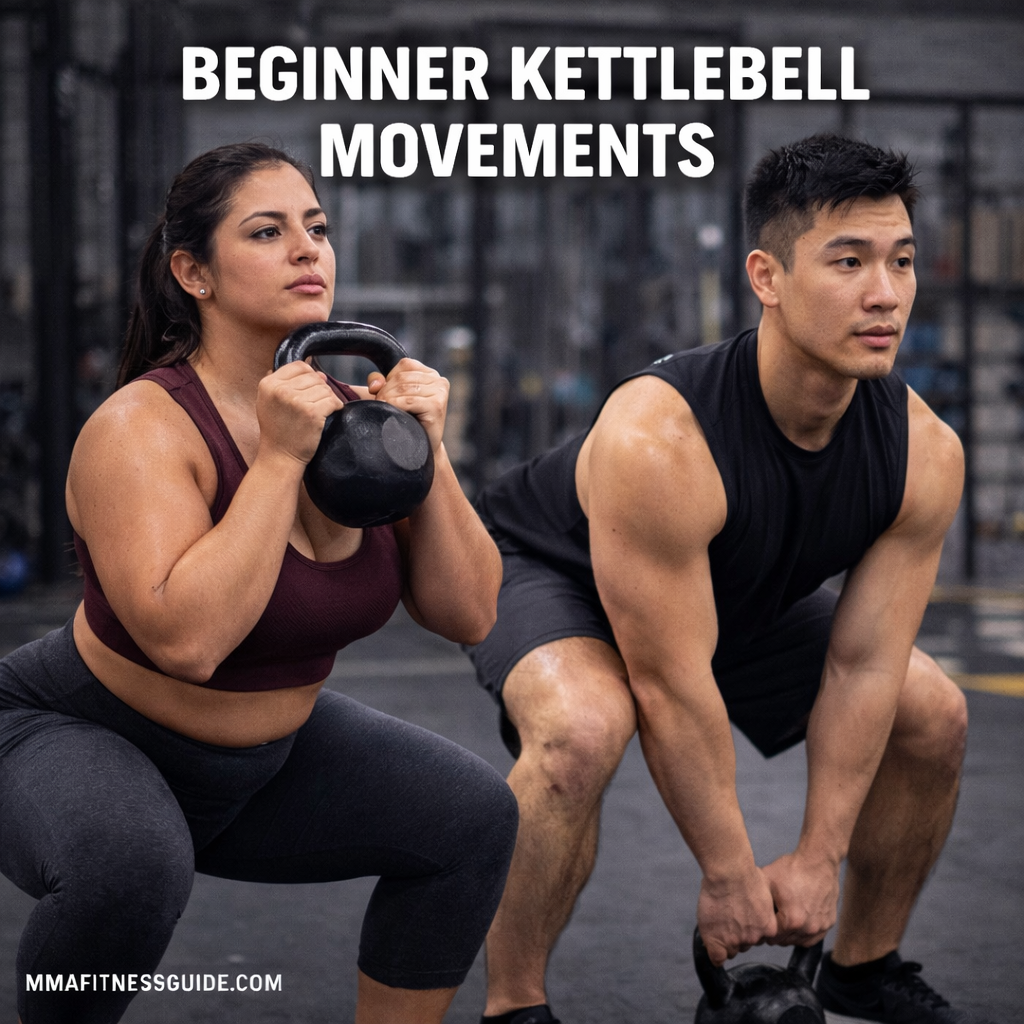 Beginner athletes performing basic kettlebell exercises in a gym, demonstrating goblet squats and deadlifts for strength and conditioning.
