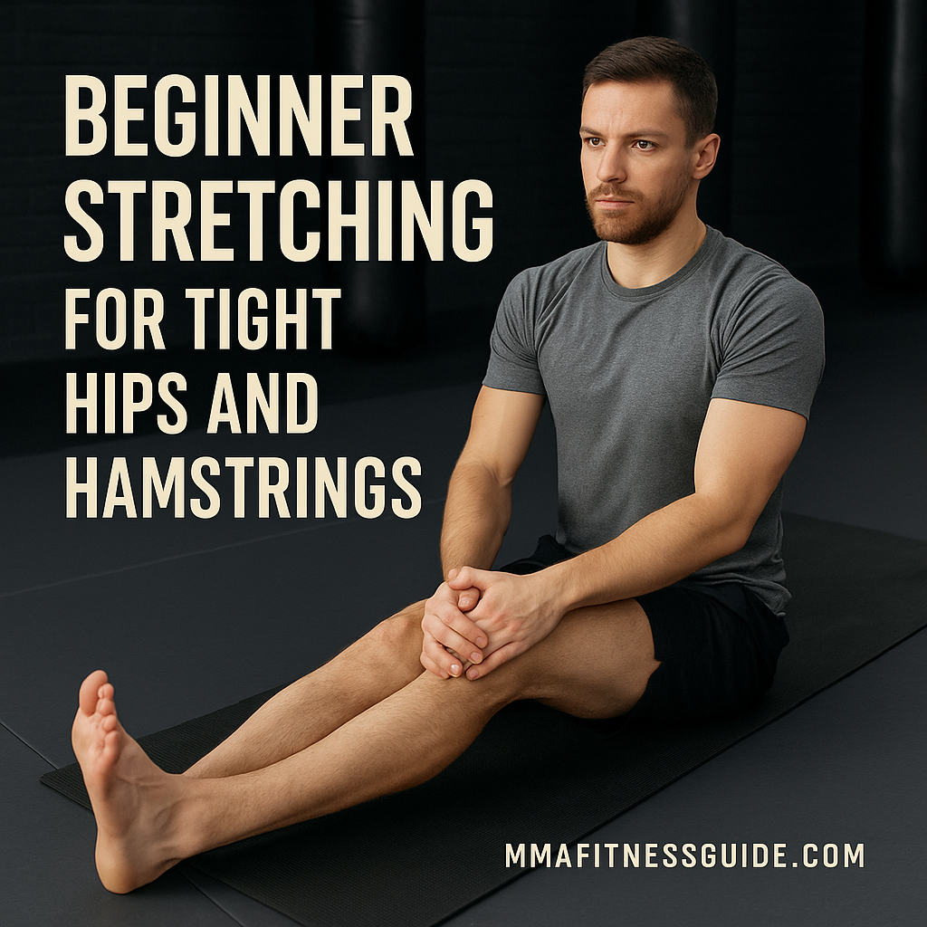 Male athlete seated on a gym mat performing a beginner hip and hamstring stretch with instructional text on the left side.