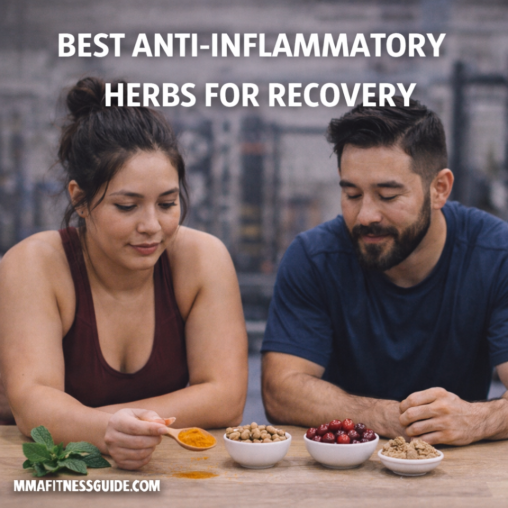 Combat athletes reviewing anti-inflammatory herbs like turmeric and tart cherries to support recovery and reduce soreness after training.