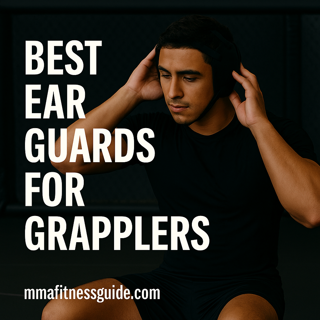 A tan-skinned male athlete adjusting his black ear guards inside an MMA gym, shown with the title “Best Ear Guards for Grapplers” and the mmafitnessguide.com watermark.