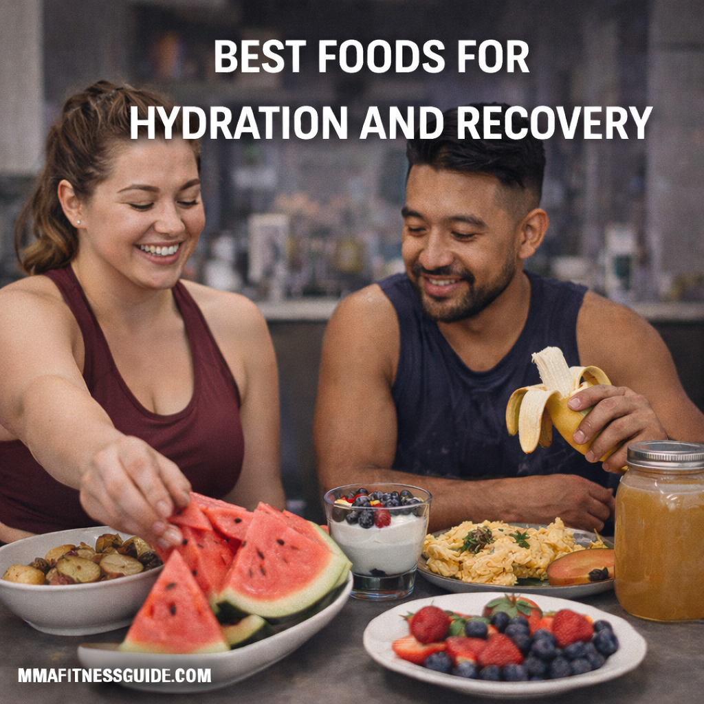 Athletic woman and man enjoying hydrating recovery foods like fruit, yogurt, and balanced meals, illustrating best foods for hydration and recovery.