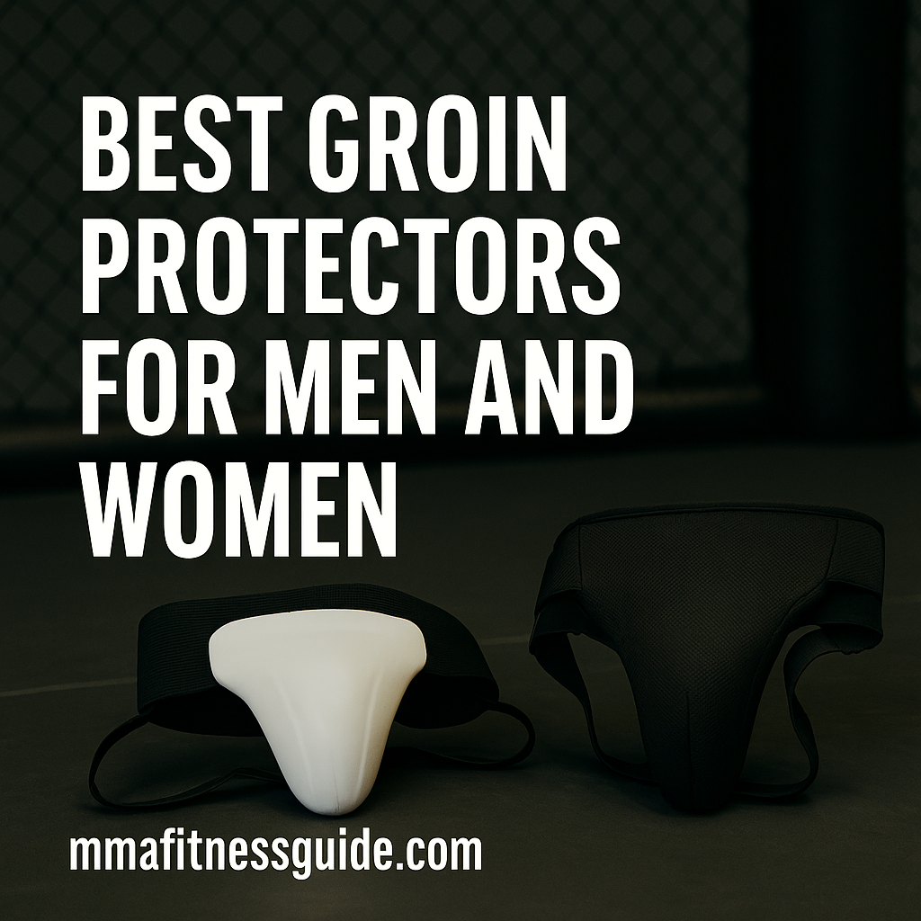 Groin protectors for men and women placed on the gym floor, highlighting the gear discussed in the article about safe MMA training.