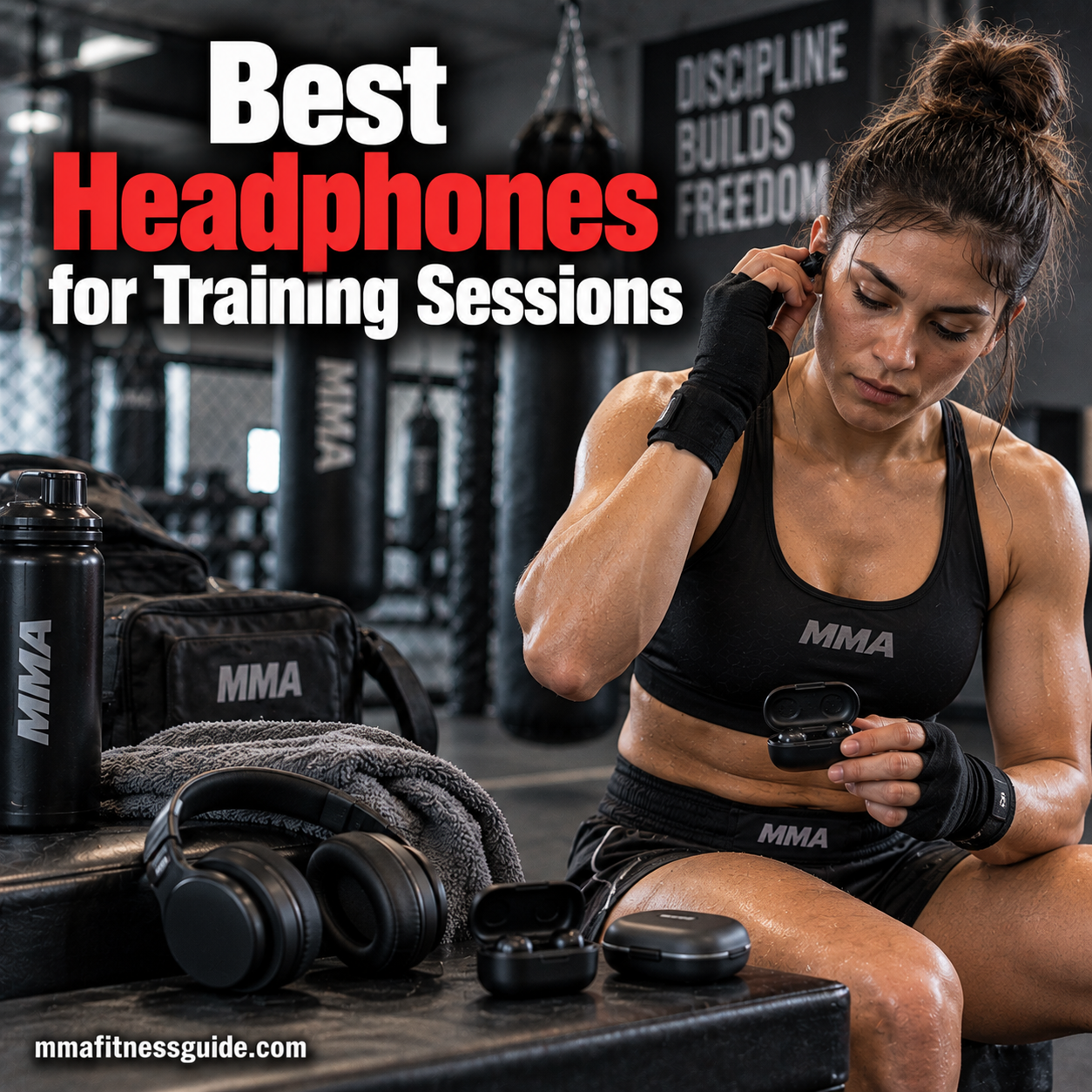 Female MMA athlete putting in wireless earbuds before a solo training session at the gym
