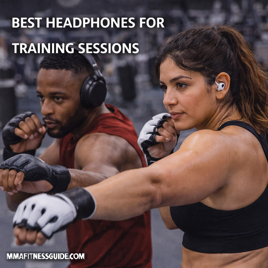 MMA athletes training in a gym while wearing wireless headphones, maintaining focus during striking and conditioning drills.