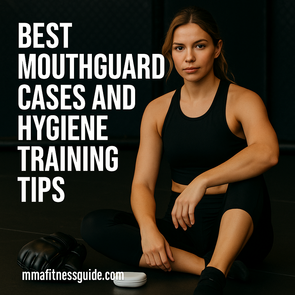 A female athlete sitting on the mats in an MMA gym with a mouthguard case and gloves placed in front of her, shown with the article title and mmafitnessguide.com watermark.