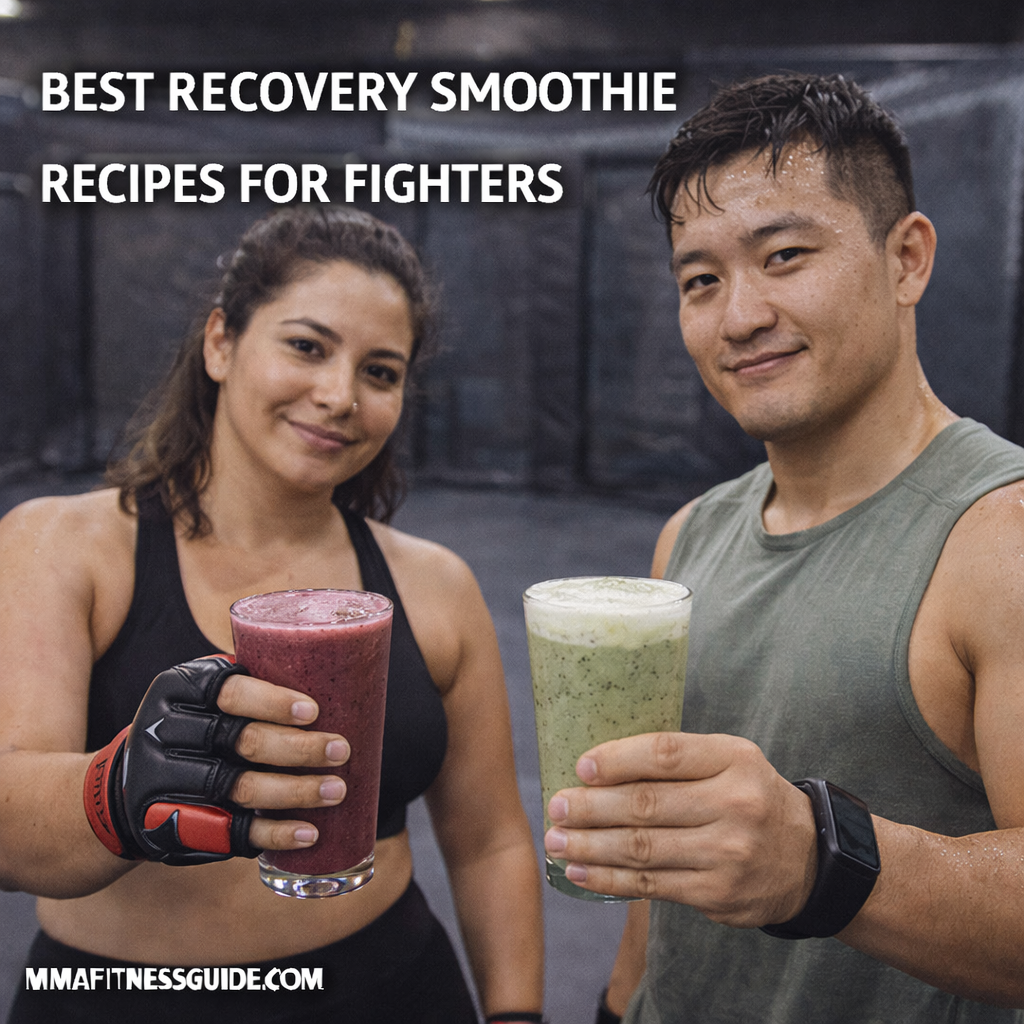 MMA fighters holding post-training recovery smoothies in a gym, highlighting nutrition strategies for muscle recovery and performance.