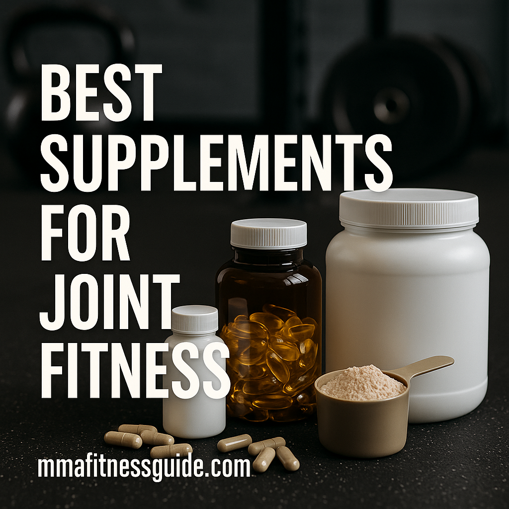 A set of supplement bottles and capsules arranged on a gym surface with kettlebells in the background, featuring the text Best Supplements for Joint Fitness.
