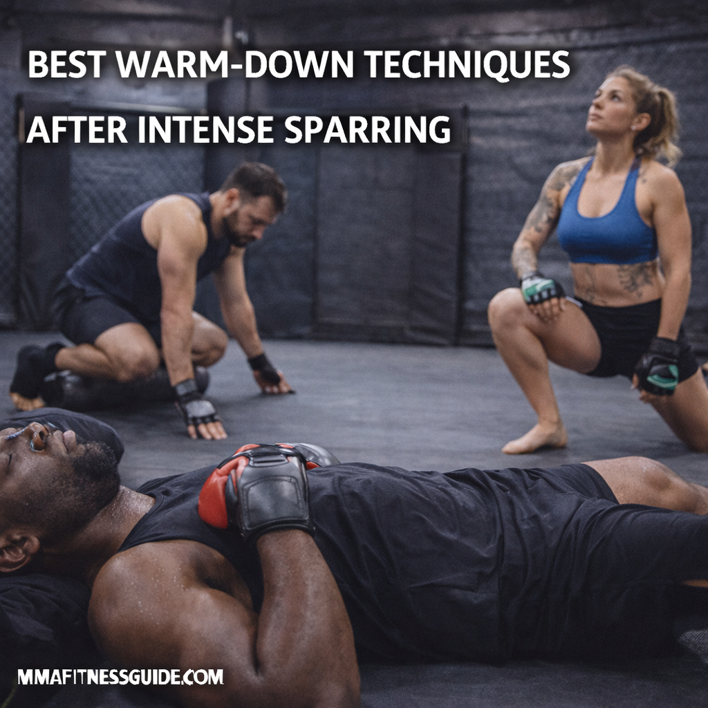 MMA fighters performing warm-down activities after intense sparring, including breathing, stretching, and light mobility work in a gym.
