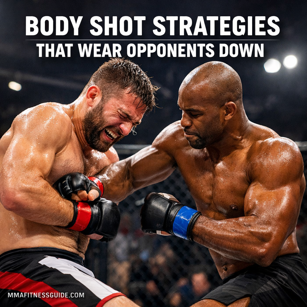 MMA fighters exchanging a powerful body shot during a fight, illustrating body shot strategies that wear opponents down in combat sports.