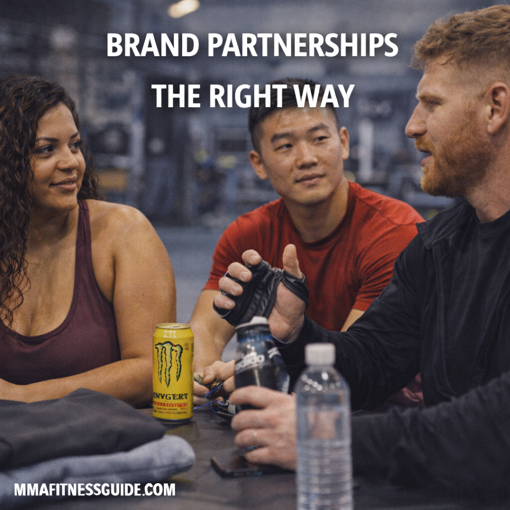 MMA athletes discussing brand partnerships with a manager inside a gym setting.
