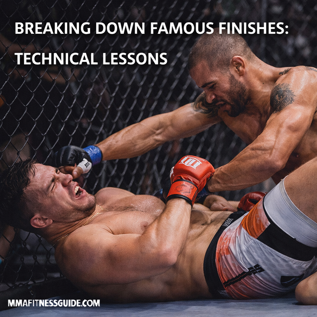 MMA fighters in a finishing sequence during a fight, highlighting technical execution, positioning, and timing in a decisive moment.