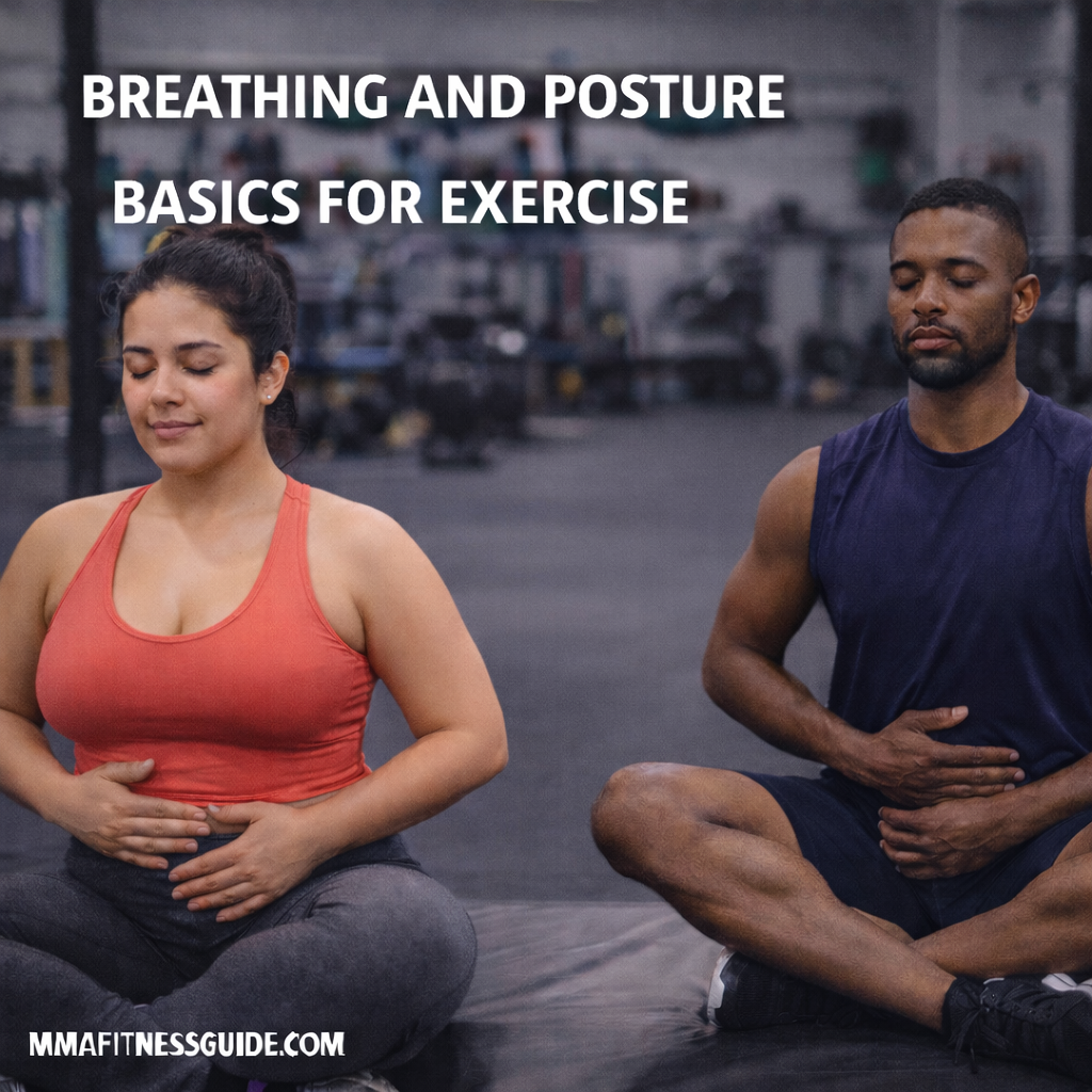 Beginner athletes practicing diaphragmatic breathing and upright posture in a gym, focusing on calm breathing and proper alignment.