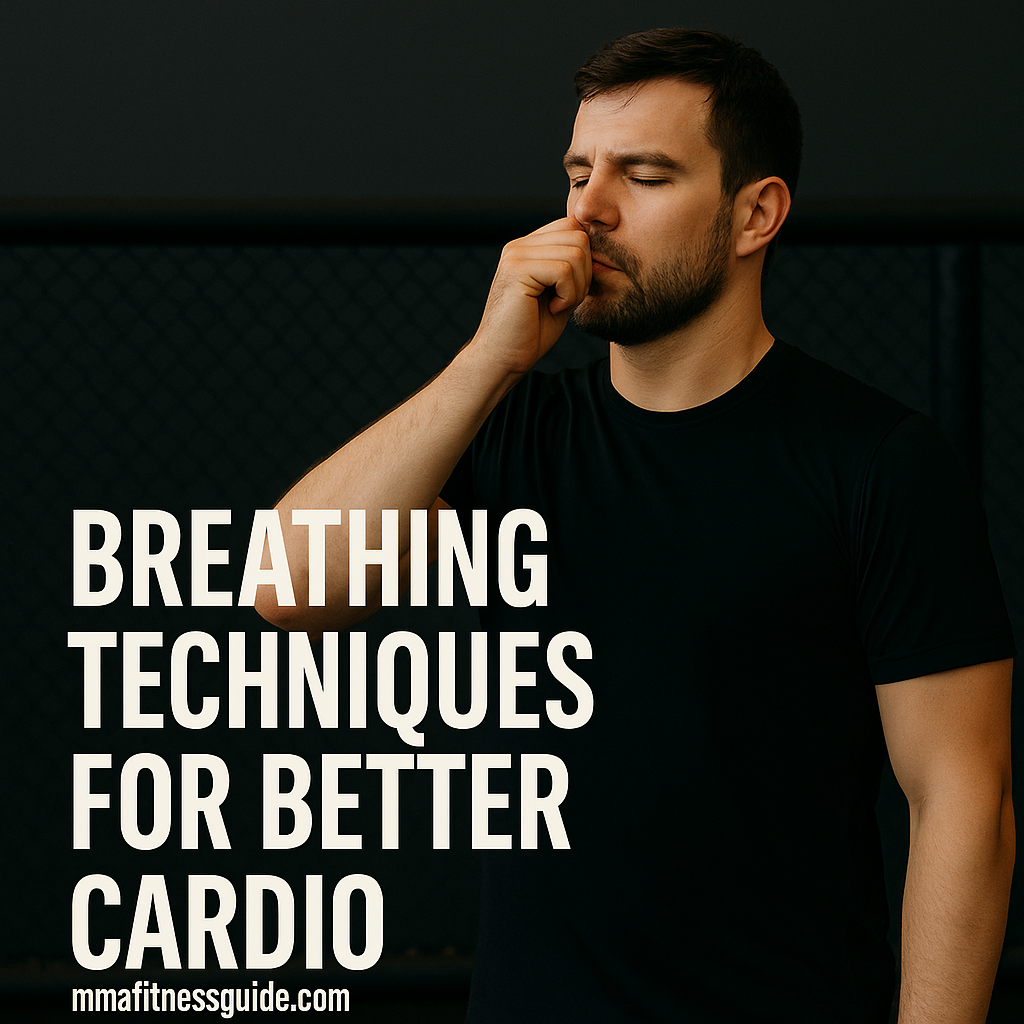 A man standing inside an MMA gym practicing a breathing technique, used to illustrate how proper breathing improves cardio for combat sports.
