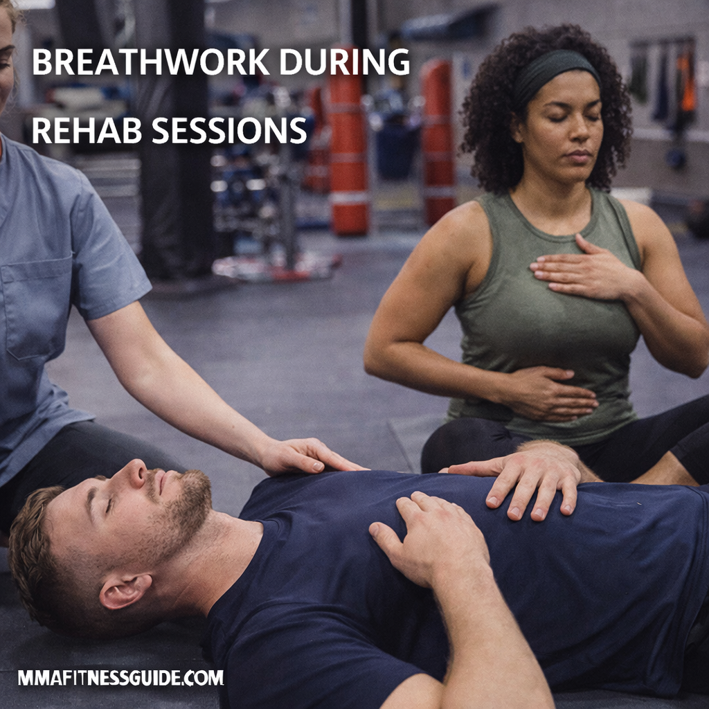 Athlete practicing guided breathwork during a rehabilitation session in a gym to support recovery, relaxation, and movement control.
