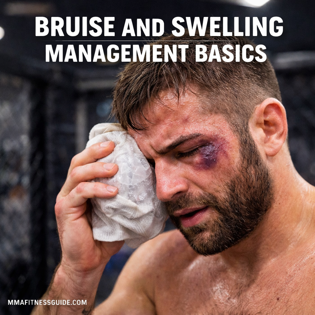 MMA fighter applying an ice pack to a bruised and swollen eye, demonstrating basic bruise and swelling management after training.