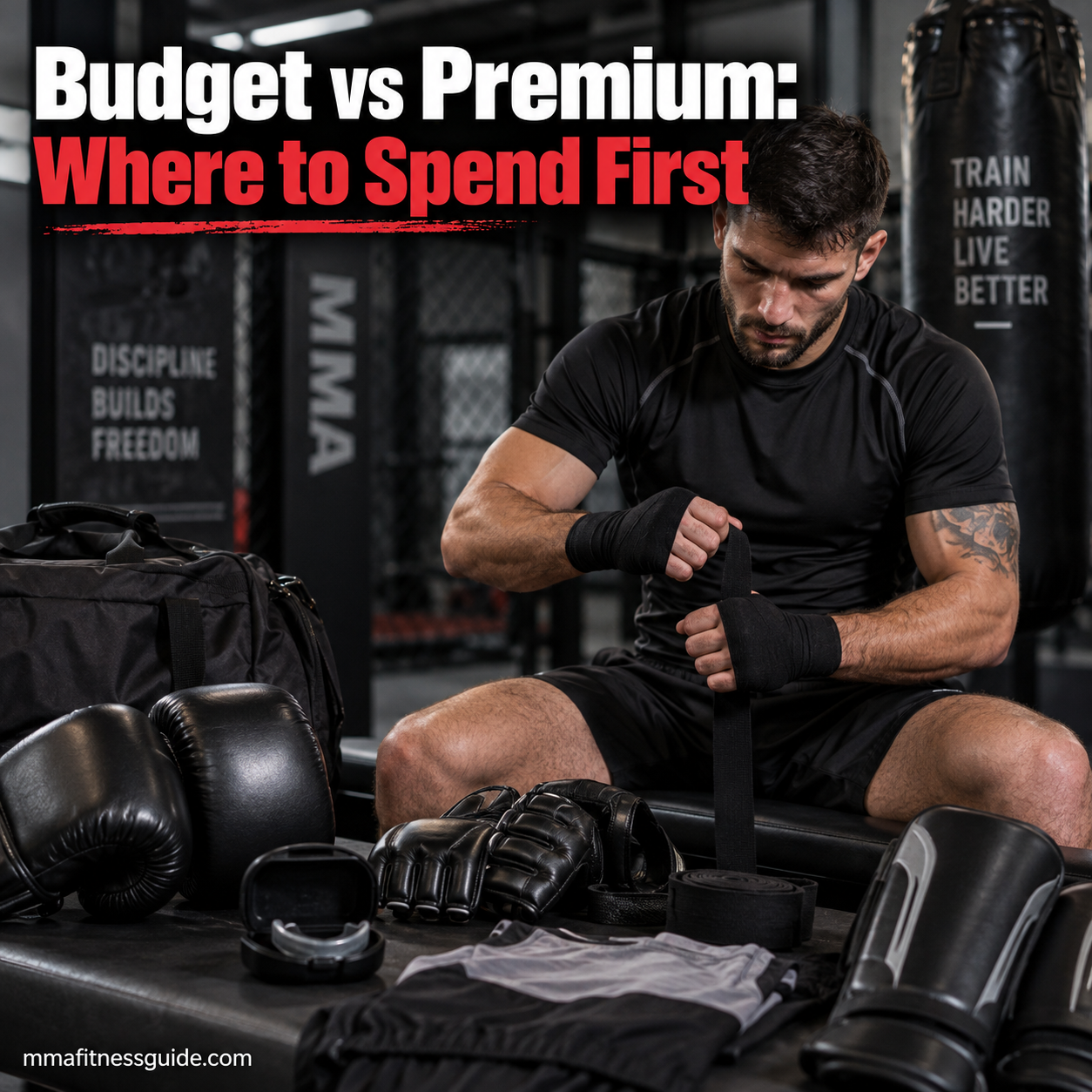 MMA fighter wrapping his hands in a gym with boxing gloves, shin guards, a mouthguard, and training equipment, illustrating budget versus premium MMA gear.