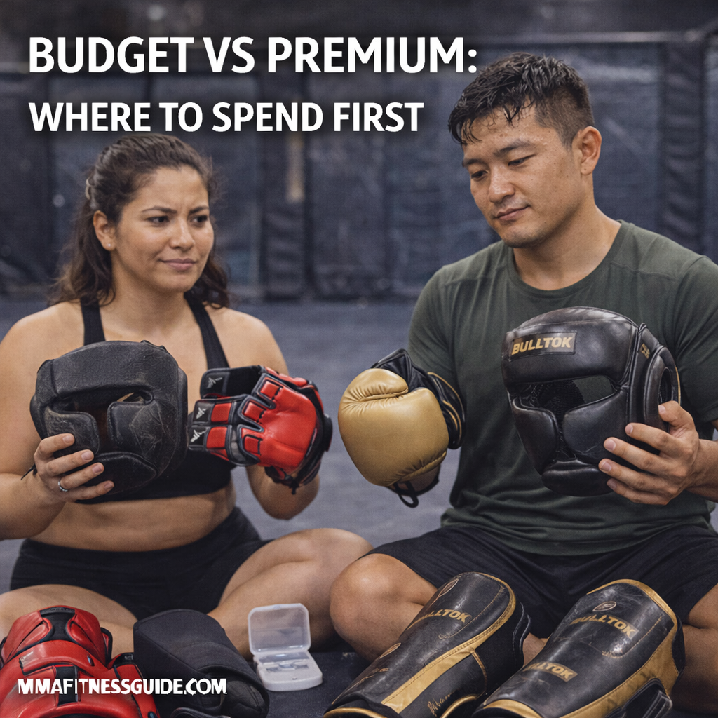 MMA athletes comparing budget and premium training gear in a gym, deciding which equipment is worth investing in first for safety and performance.