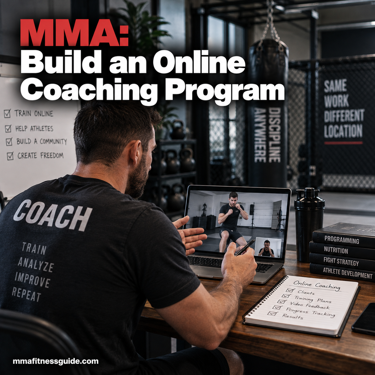 MMA coach providing online training and video feedback to an athlete from a gym.