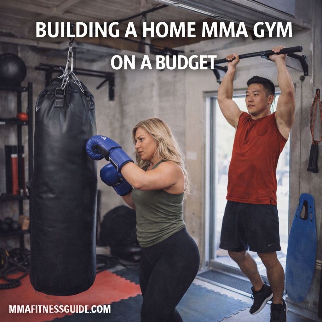 MMA athlete training on a heavy bag at home while an athlete performs pull-ups, showing a budget-friendly home MMA gym setup.