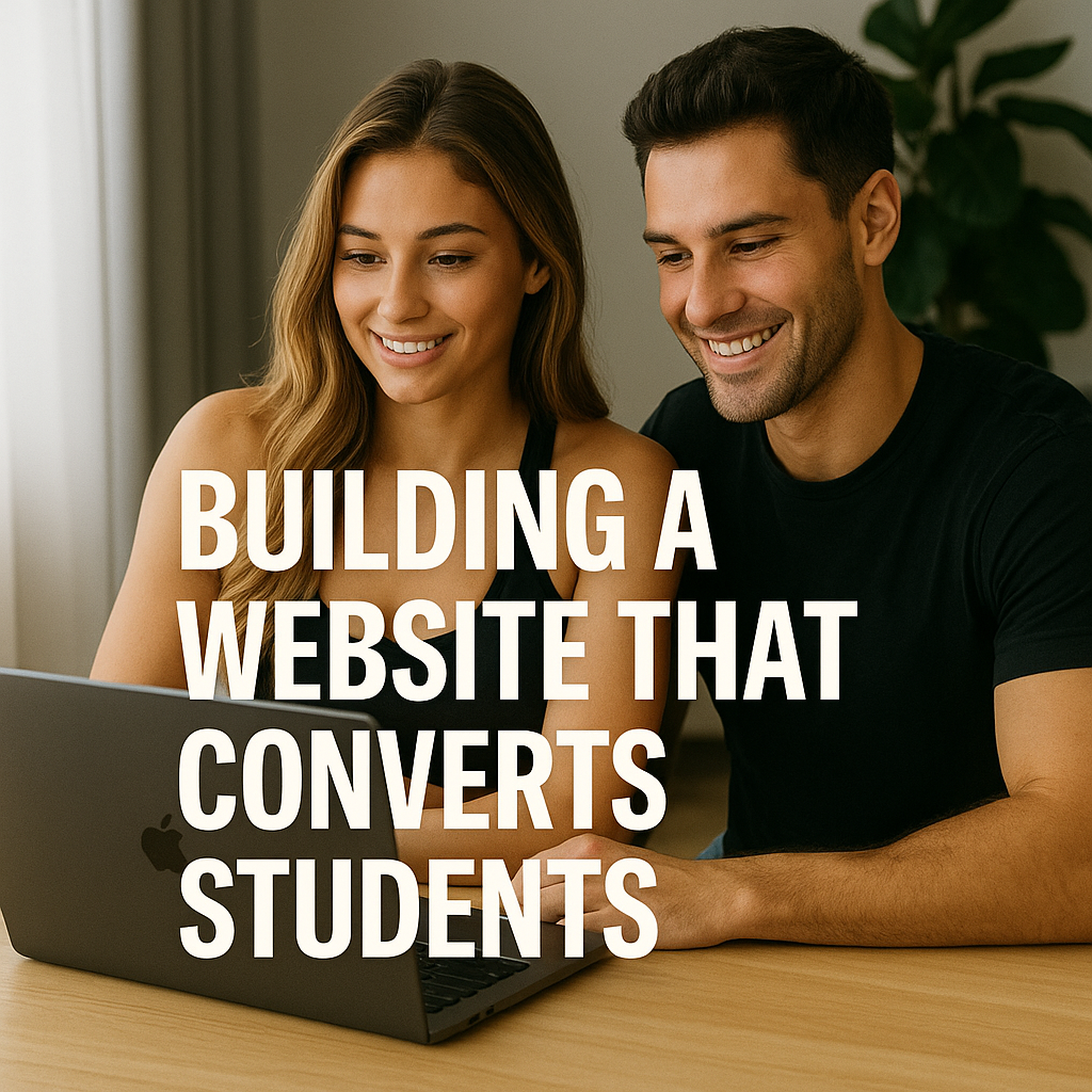A man and woman smiling while working together on a laptop at a table, with the article title “Building a Website That Converts Students” displayed across the image.