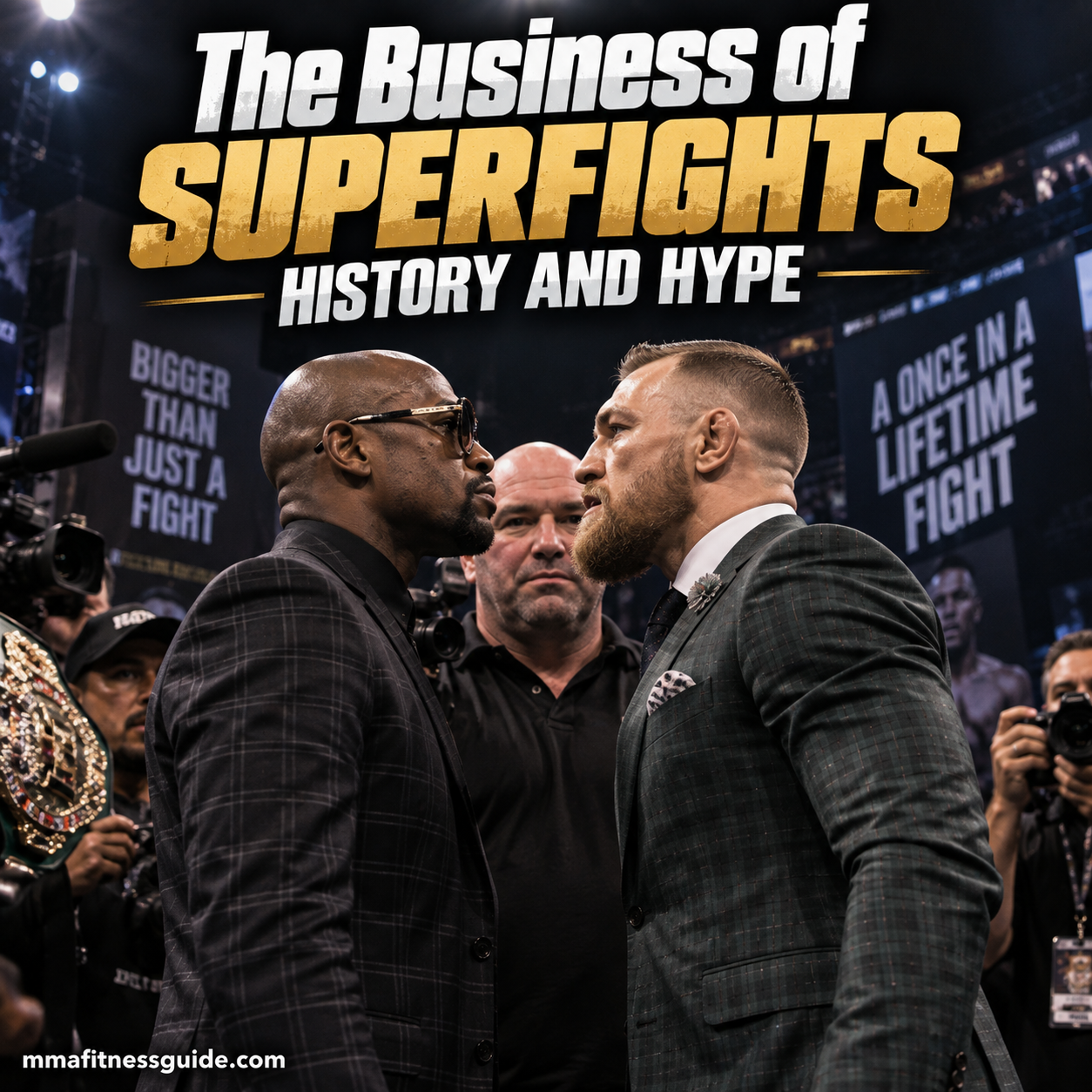 The business of superfights represented by two combat sports stars facing off at a major fight promotion event