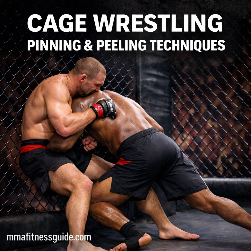 Cage wrestling pinning and peeling techniques demonstrated by two MMA fighters against the cage.