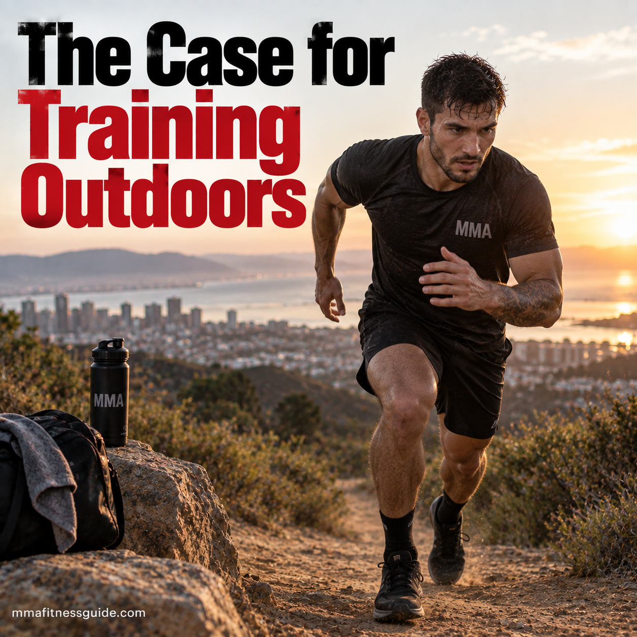 MMA athlete sprinting uphill outdoors at sunset during a conditioning workout.