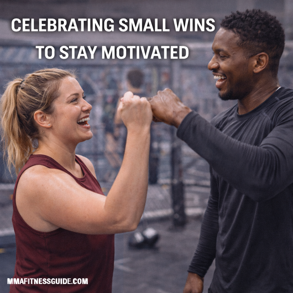 MMA athletes fist bumping in a gym, celebrating small training wins to stay motivated and consistent.