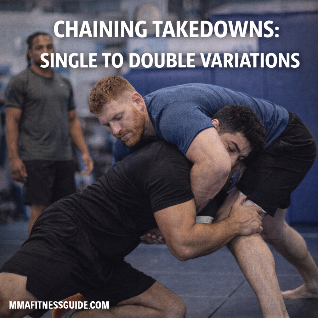 MMA fighters practicing a single-leg to double-leg takedown transition during wrestling training inside a gym.