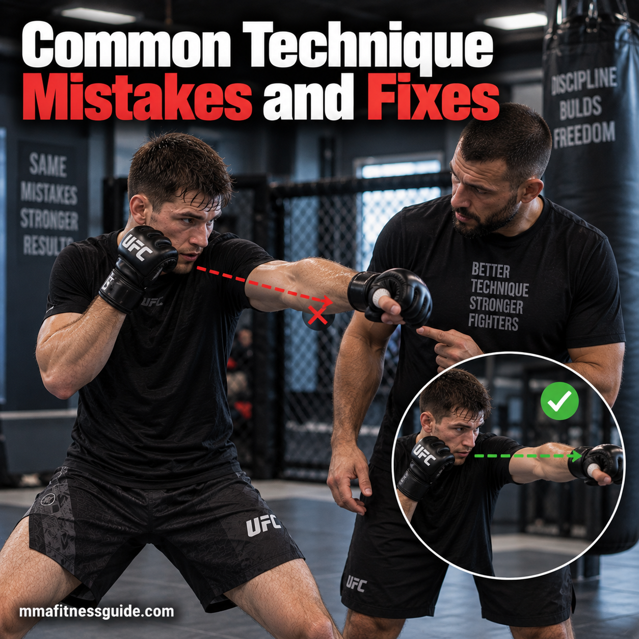 MMA coach correcting a fighter's punching technique with visual examples of incorrect and proper arm alignment.