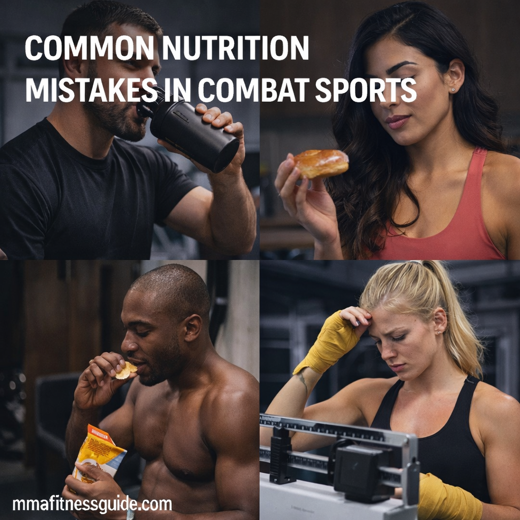Male and female combat sports athletes illustrating common nutrition mistakes such as poor hydration, skipped meals, and unhealthy food choices.