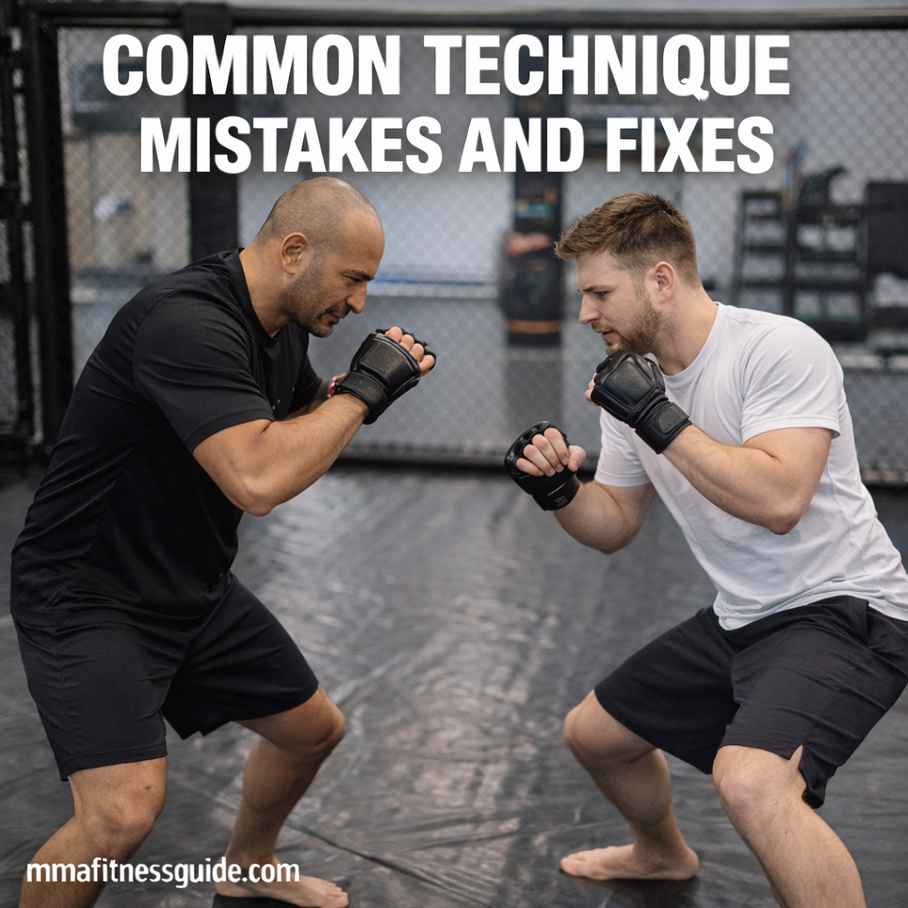 Two MMA fighters practicing proper footwork and stance positioning during a training session inside a gym.