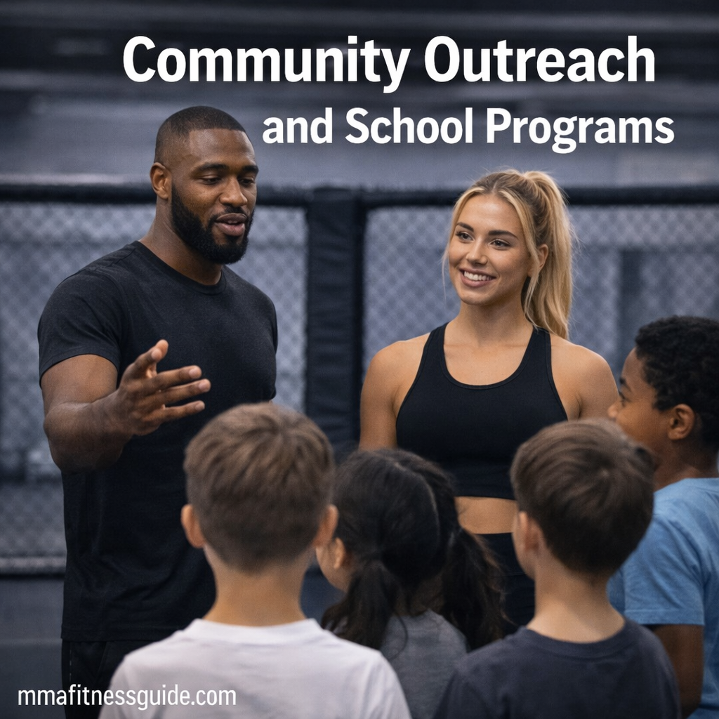 MMA instructors leading a community outreach and school program, teaching children discipline and fitness in a gym setting.