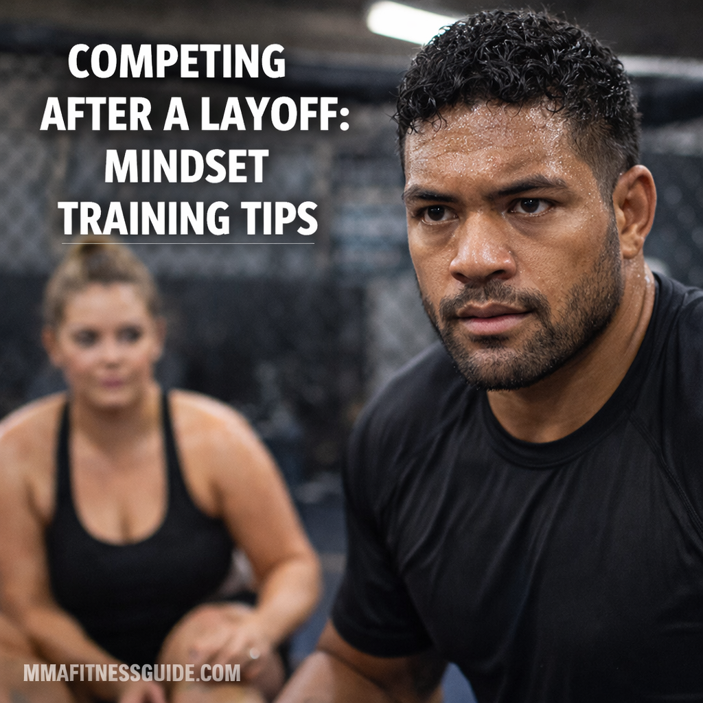 MMA fighter focused during training with a female fighter in the background, representing mindset preparation after a competition layoff.