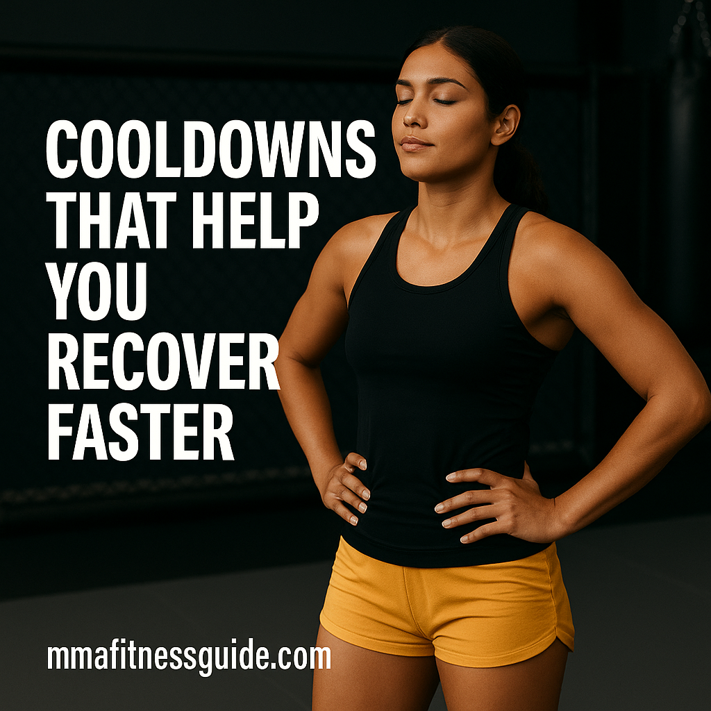 A tan-skinned female athlete standing in an MMA gym with her eyes closed and hands on her hips, wearing colored shorts, representing a cooldown breathing pose. The image includes the article title and mmafitnessguide.com watermark.