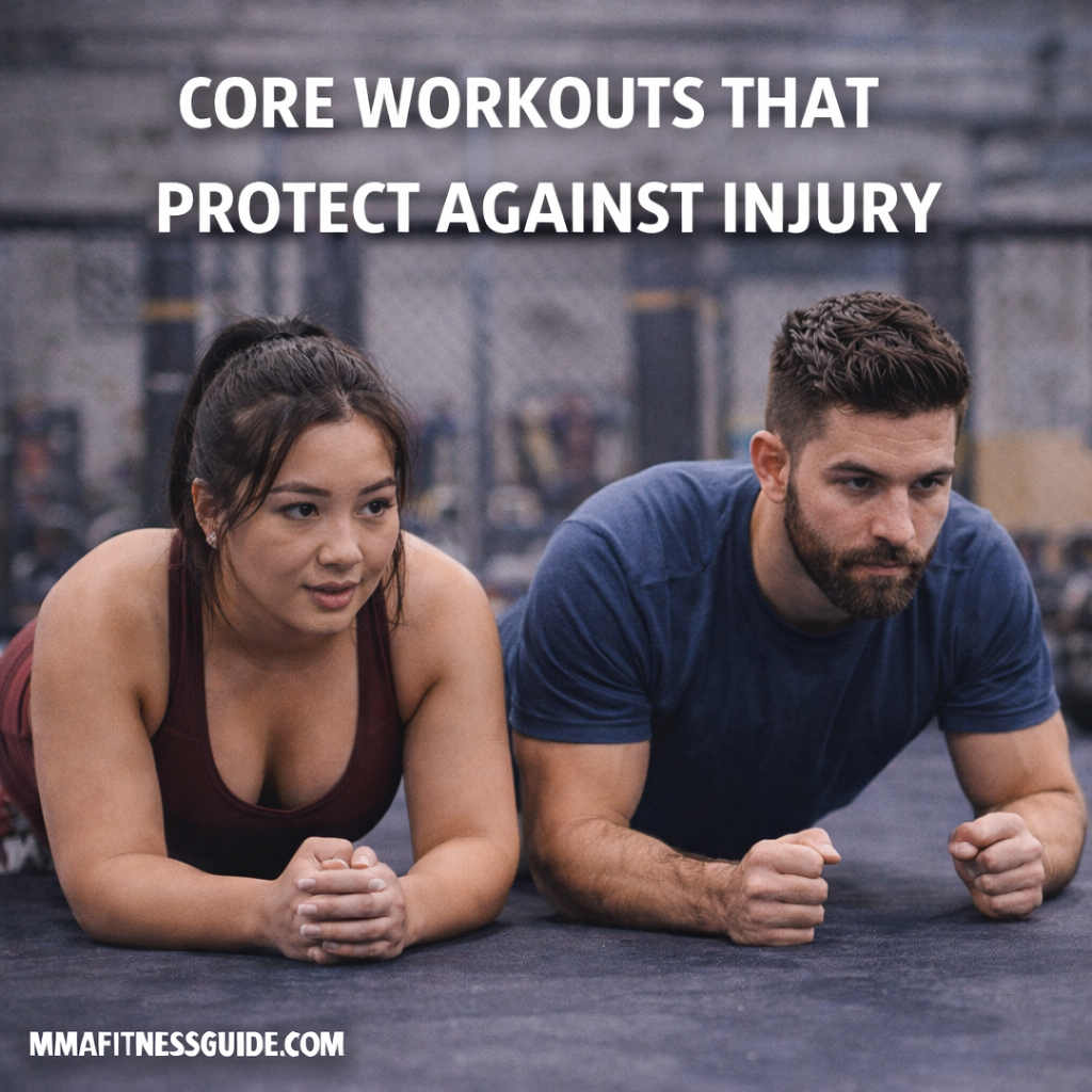 MMA athletes performing plank-based core exercises in a gym to improve stability and reduce injury risk during training.