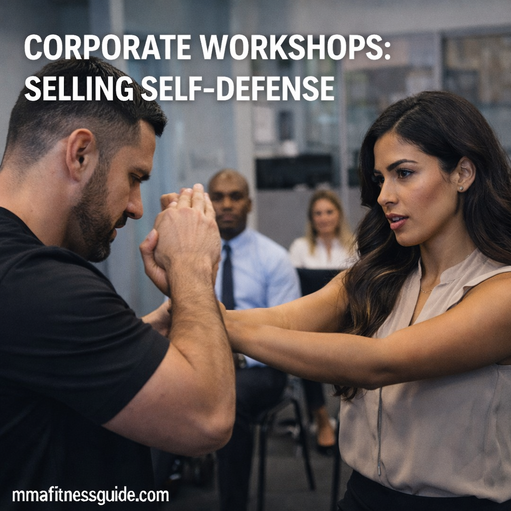 MMA instructor teaching self-defense techniques to corporate employees during a professional workplace workshop.