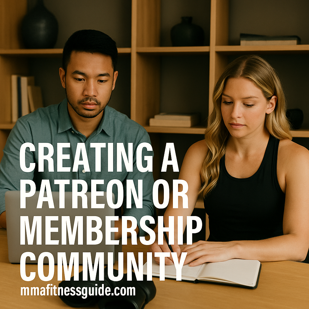 A male and female athlete sitting at a table while working on a laptop and notebook, representing the process of creating a Patreon or membership community.
