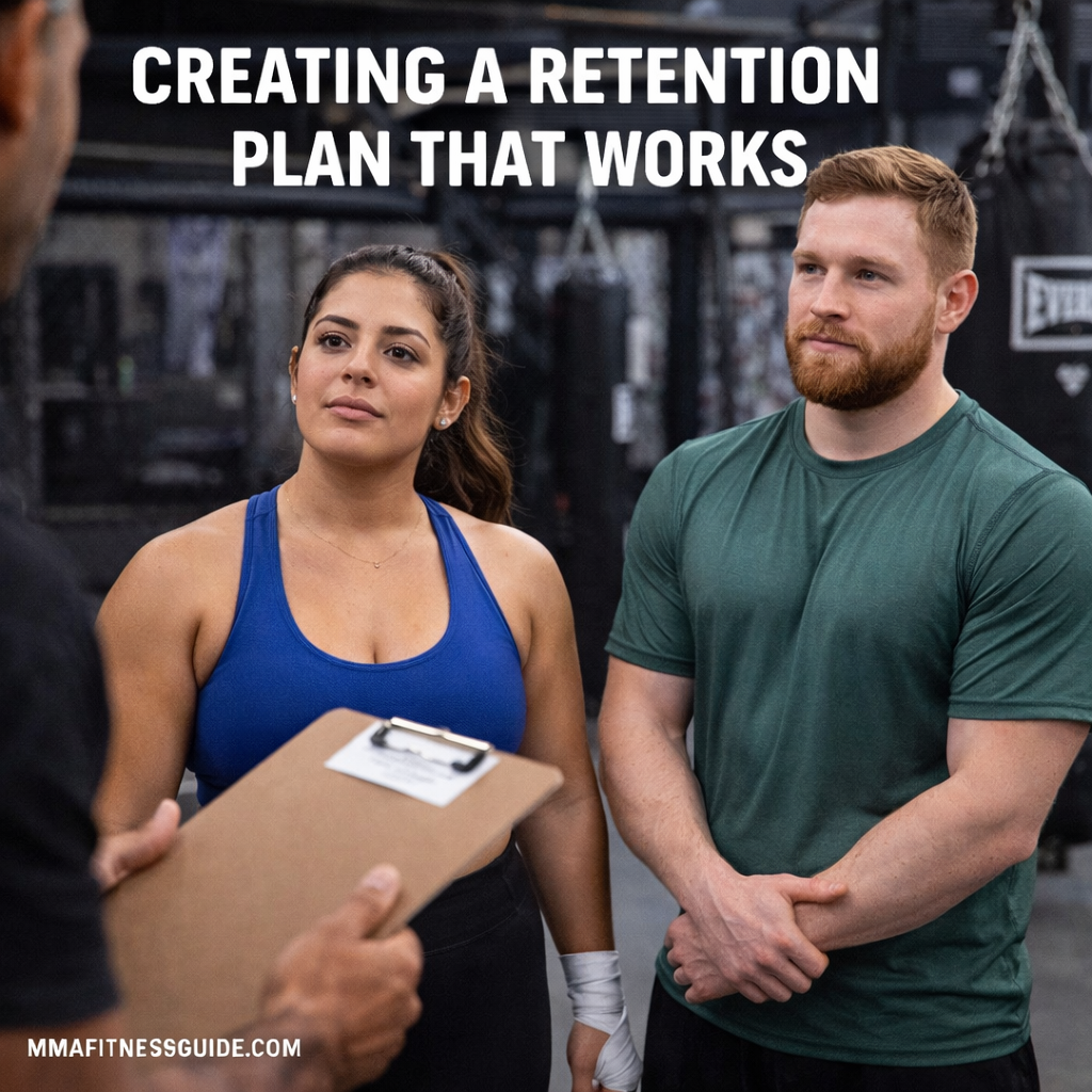 MMA gym members listening to a coach discuss training goals, representing strategies for creating a retention plan that keeps athletes engaged.