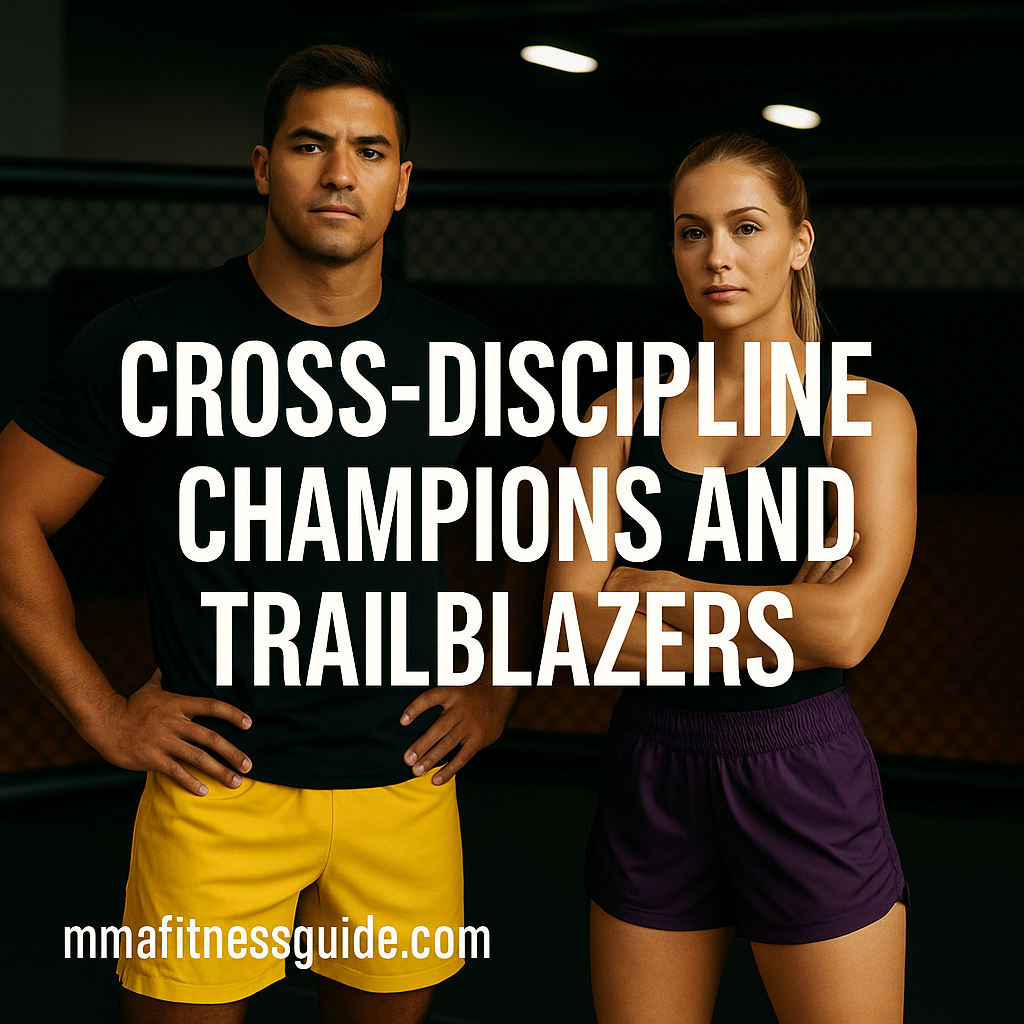 A tan male athlete and a female athlete standing confidently inside an MMA cage, both wearing bright training shorts, with the article title and mmafitnessguide.com watermark displayed.