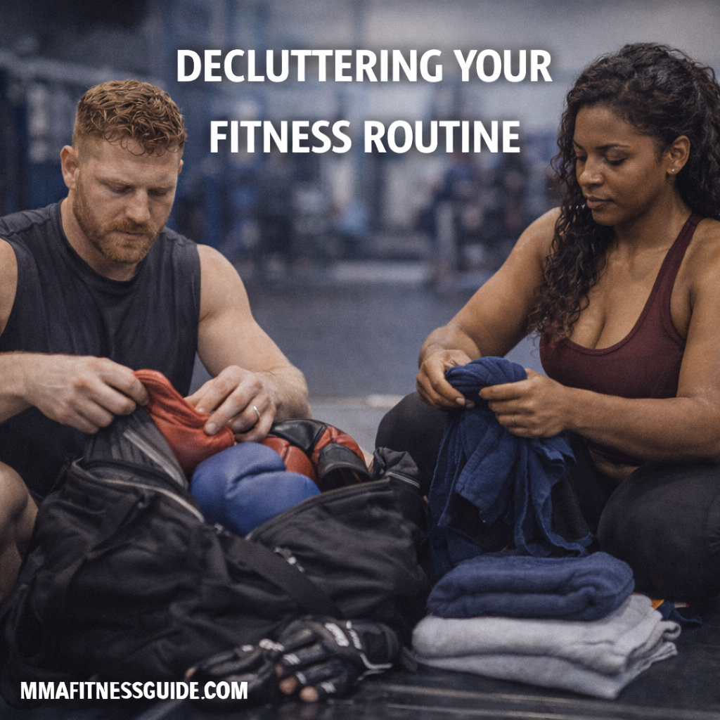 MMA athletes organizing training gear in a gym, representing a simplified and focused fitness routine.