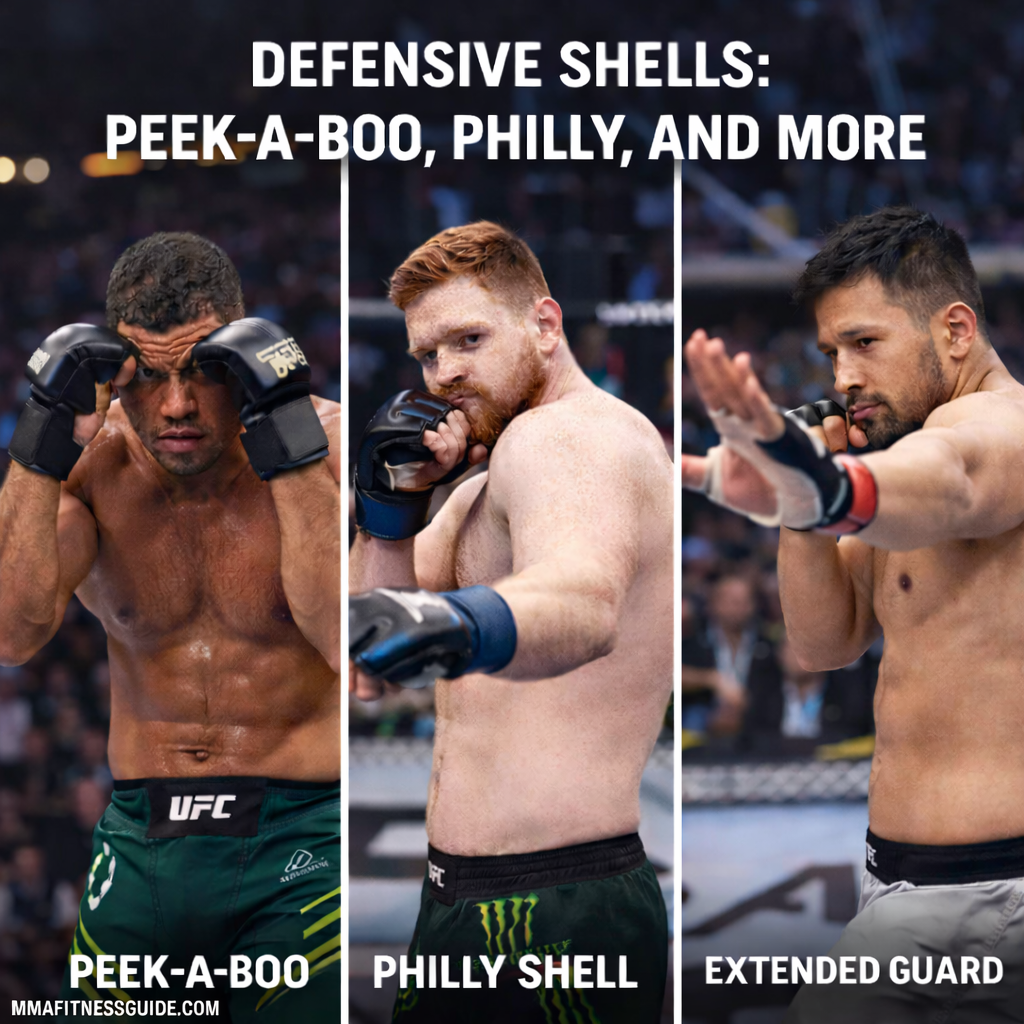 Split-screen image of professional MMA fighters demonstrating defensive shells including Peek-a-Boo, Philly Shell, and extended guard inside an octagon.