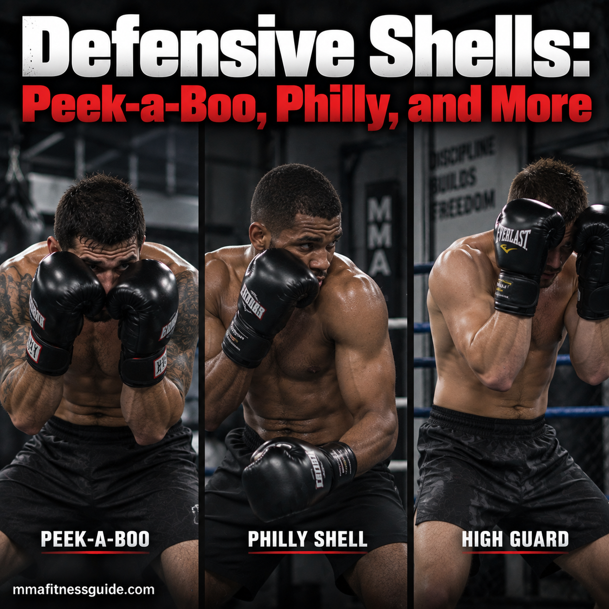 Fighters demonstrating Peek-a-Boo, Philly Shell, and high guard defensive positions in a combat sports gym