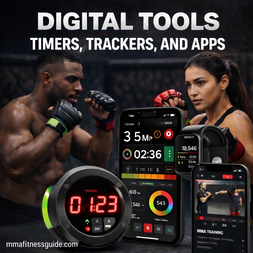 MMA fighters using digital tools including timers, fitness trackers, and training apps during workout sessions.