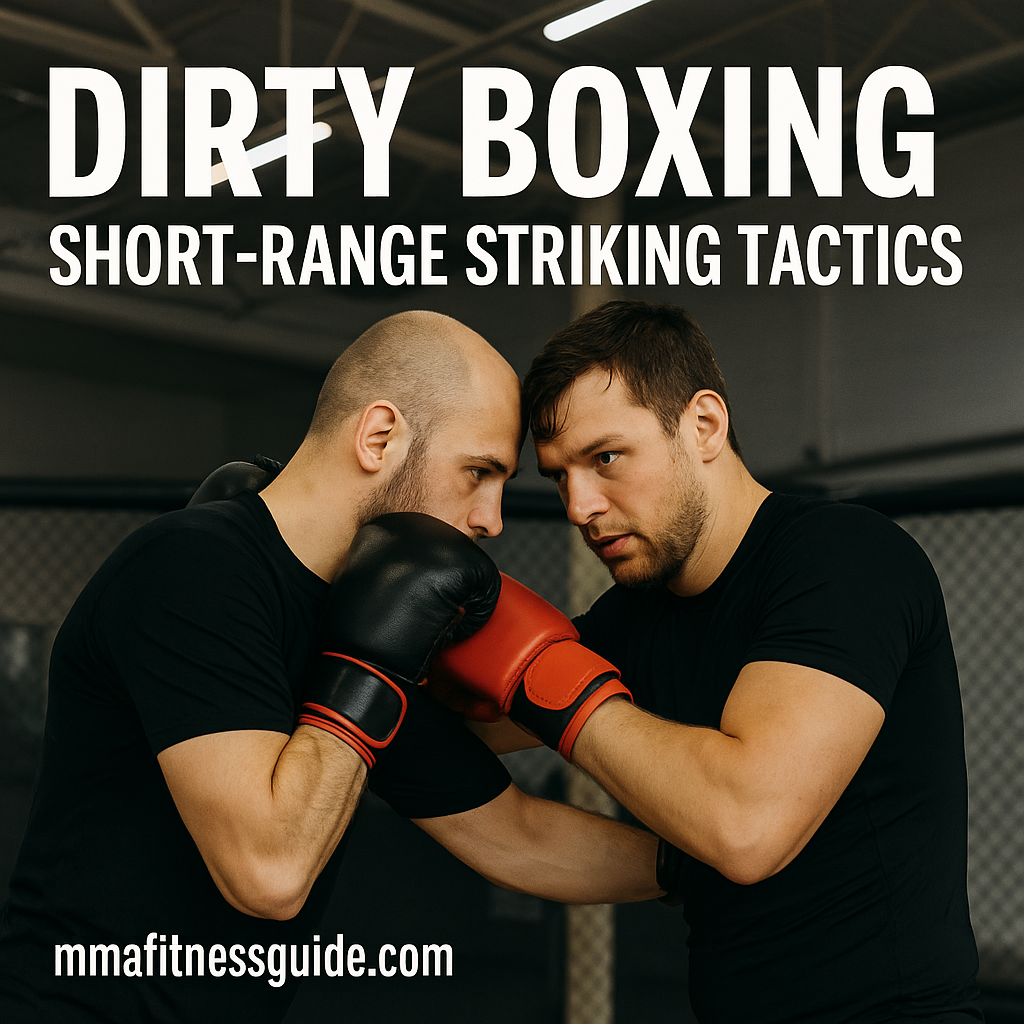 Two fighters practicing dirty boxing techniques inside an MMA gym, demonstrating close-range clinch striking.